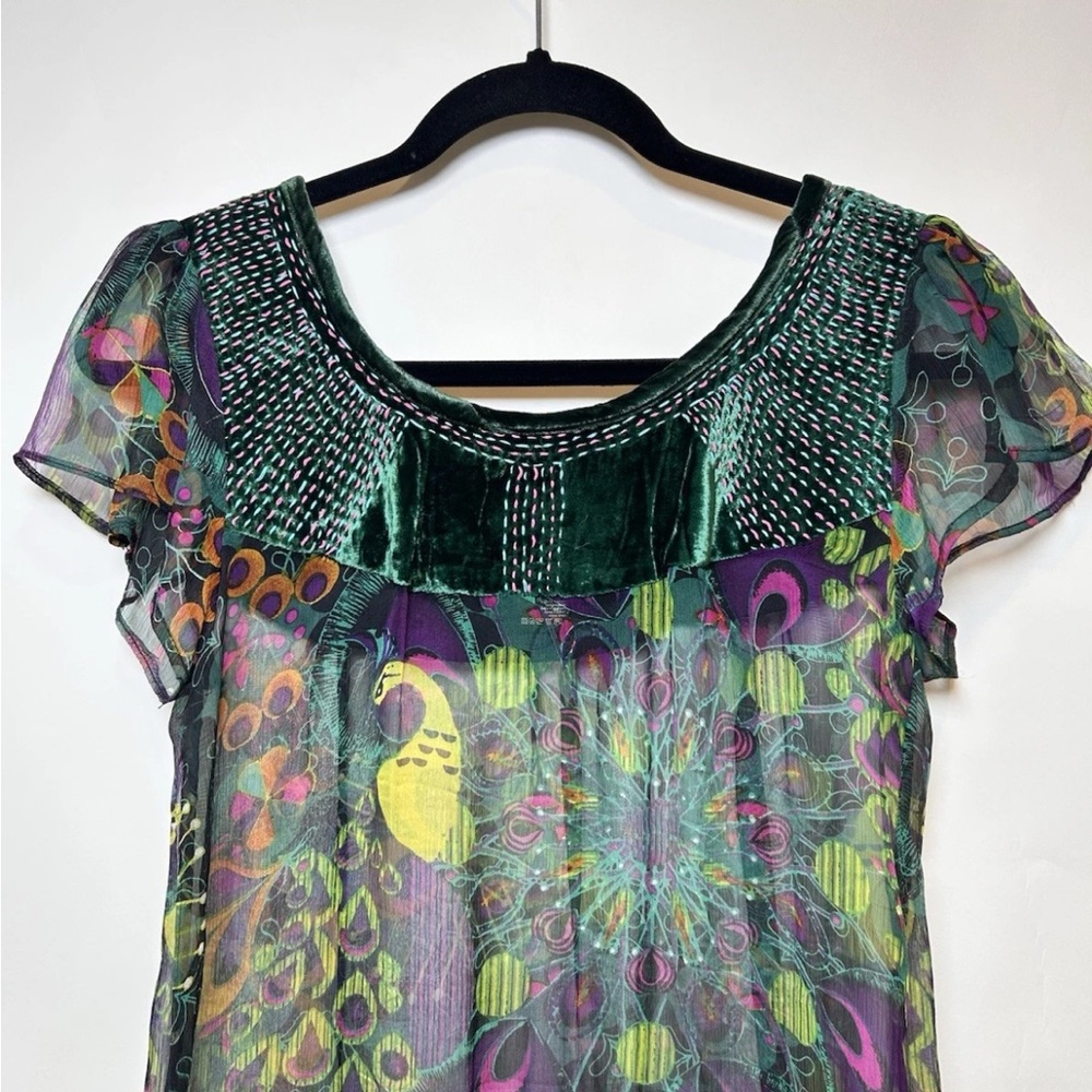 Vintage Custo Barcelona Silk Tunic Top Size 2 or S Burnt Velvet Peacock Sheer - Picture 2 of 4